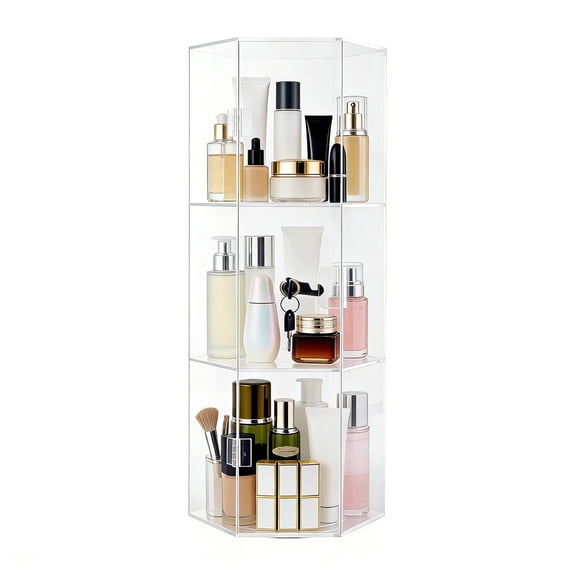 WenDissy 3-Tier Hexagonal Clear Acrylic Rotating Display Case with Lock&Keys, Dustproof Storage Cabinet for Jewelry Watch Cosmetic