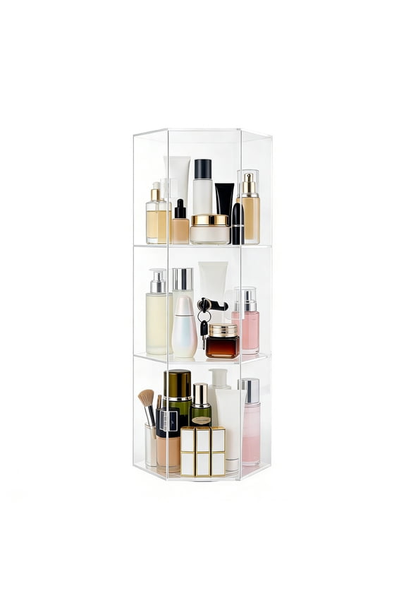 3-Tier Hexagonal Clear Acrylic Rotating Display Case with Lock&Keys, Dustproof Storage Cabinet for Jewelry Watch Cosmetic