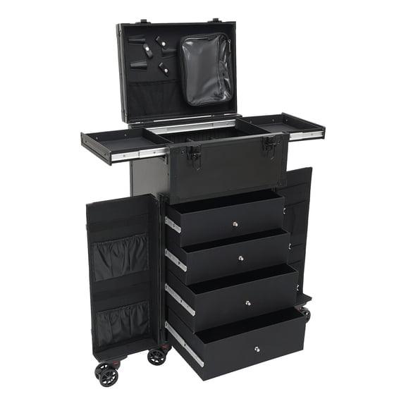 WenDissy 4-Drawer Rolling Makeup Trolley, Black Aluminum Professional Makeup Case for Travel Nail Beauty Salon