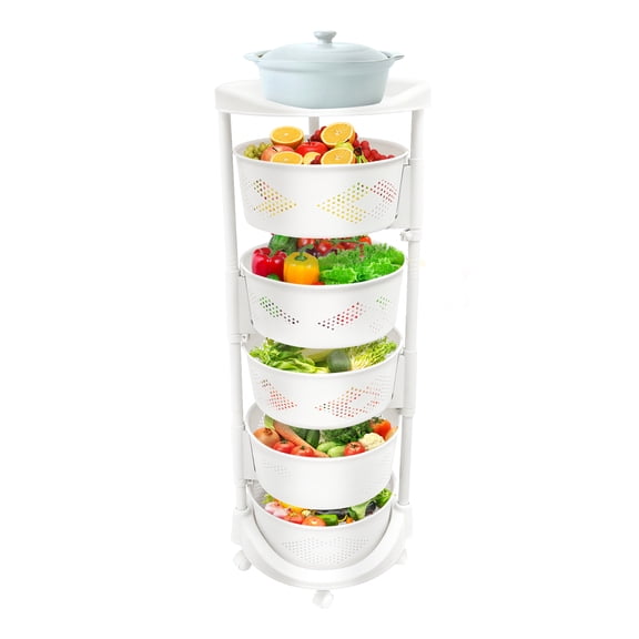 WenDissy 5-Tier Adjustable Height Rotating PP Storage Shelf, Round Freestanding Vertical Utility Cart with Casters for Kitchen Bathroom Bedroom