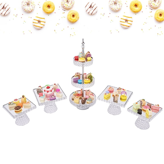 WenDissy 5Pcs Silver Cake Stand Set, Crystal Inlay Mirror Glass Dessert Display Holder, Luxurious Table Decor for Wedding Birthday Party