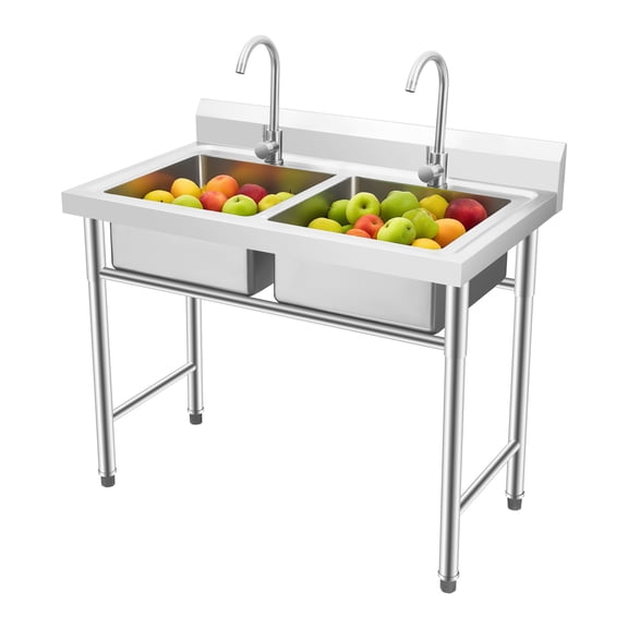 WenDissy Double Bowl Stainless Steel Commercial Sink, Freestanding Seamless Utility Sink with Rotatable Faucet  for Restaurant Canteen Garage