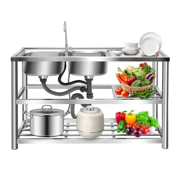 WenDissy Freestanding Stainless Steel Double Basin Sink with Worktop & 360 Swivel Faucet, Rectangular Utility Sink for Commercial Kitchen Restaurant