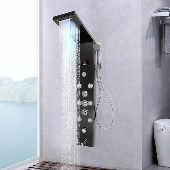 WenDissy LED Shower Panel Tower System, Black Waterfall Shower Head Set with Digital Display for Bathroom