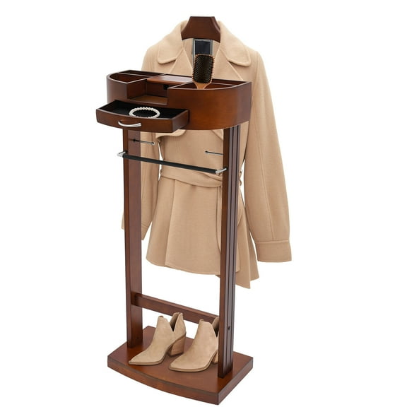 WenDissy Multi-Functional Freestanding Wooden Suit Rack, 22.05LBS Load Coat Rack with Drawer & Storage Tray for Bedroom Entryway