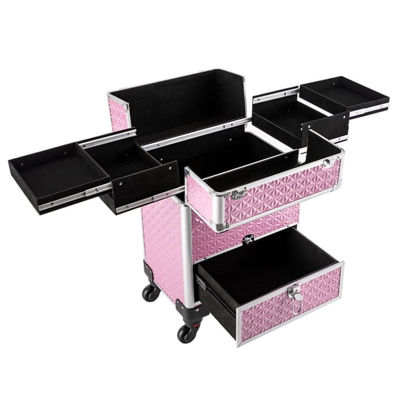 WenDissy Pink Rolling Makeup Train Case, 44lbs Load Aluminum Cosmetic Case with 3-Gear Telescopic Rod for Makeup Artist Hair Stylist