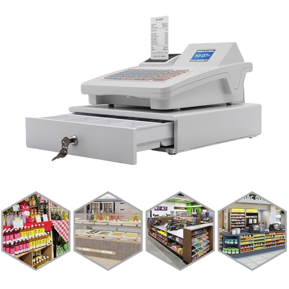 WenDissy Tabletop Electronic Cash Register with Sales Report Function, 58mm Thermal Dual Display Cash Register