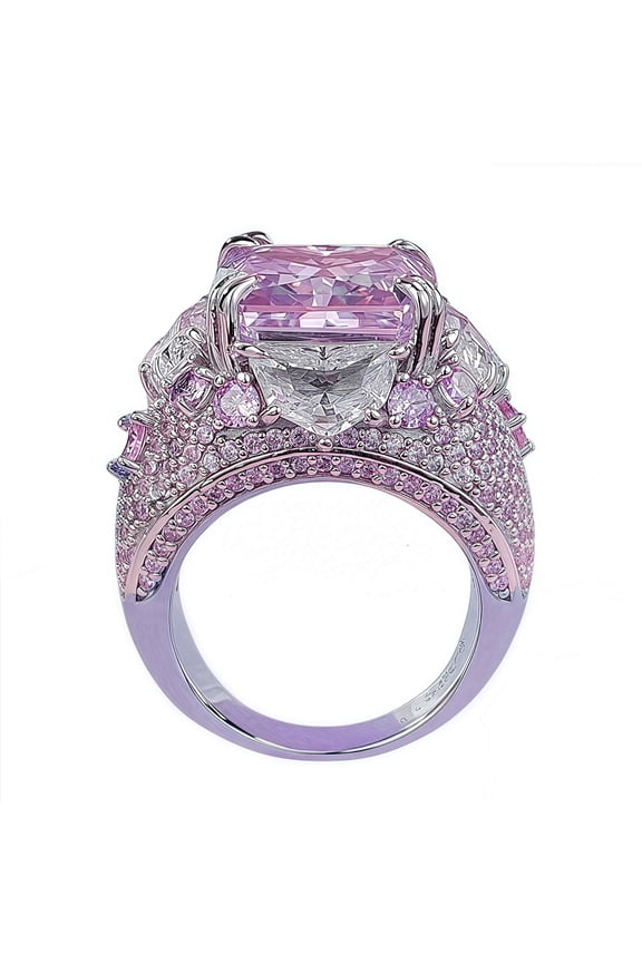 S925 Sterling Silver Plated with 18K Golden Ice Flower Cut Ring, 12x12mm Purple Pink Artificial Cultivated High Carbon Diamond, Engagement Wedding Ring for Women