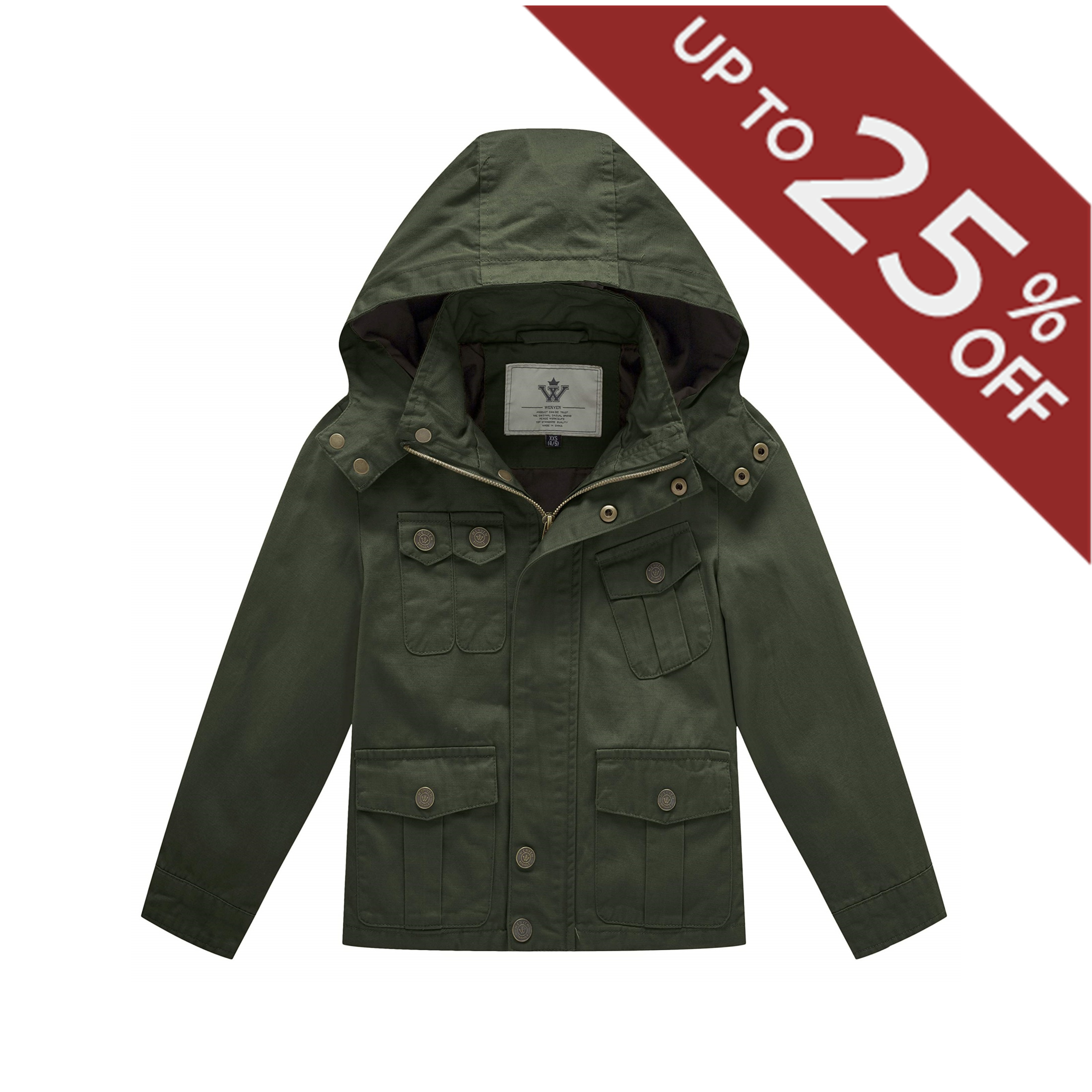 WenVen Boy's Fall Jacket Hooded Canvas Jacket Lightweight Military