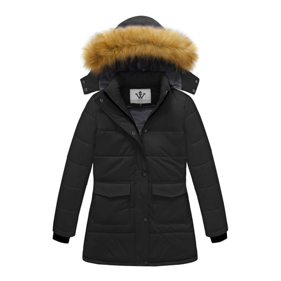 WenVen Girl's Winter Coat Warm Puffer Jacket Hooded Waterproof Thicken Parka Black 10/12