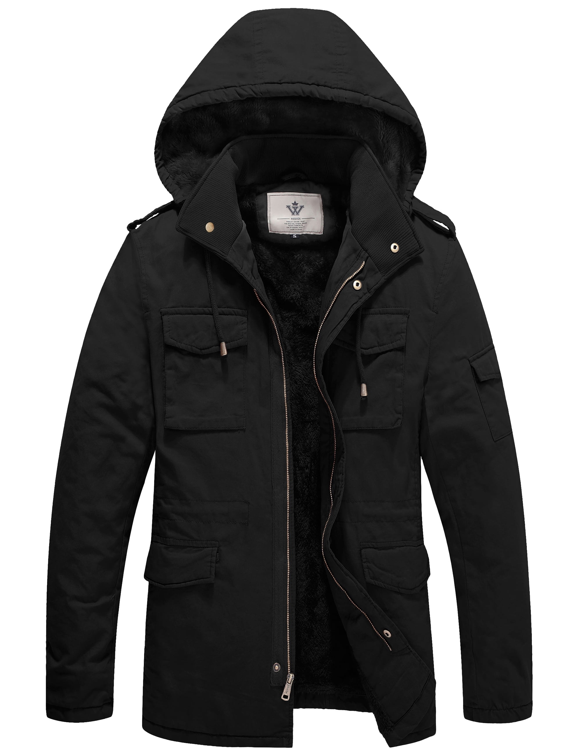 WenVen Men's Cotton Work Wear Casual Parka Jacket with Hood Coat Black