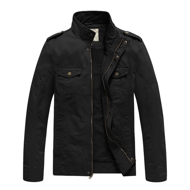WenVen Men's Fall Lightweight Cotton Military Jacket Long Sleeve Canvas Work Jacket （Black, M