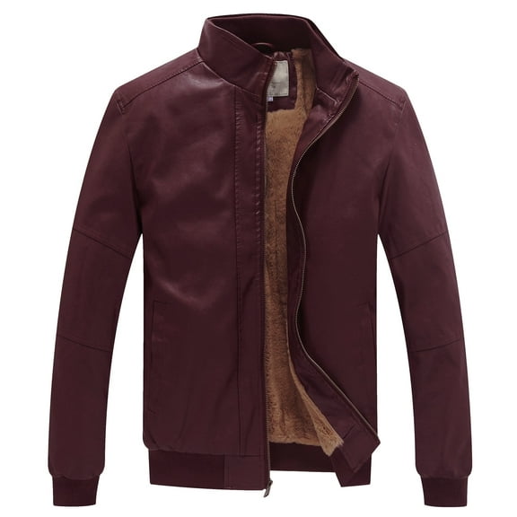 WenVen Men's Leather Jacket Fleece Lined Bomber Faux Leather Jacket Red XL