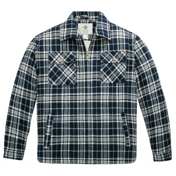 WenVen Men's Long Sleeve Plaid Checked Zip Up Cotton Casual Shirts(Navy,L