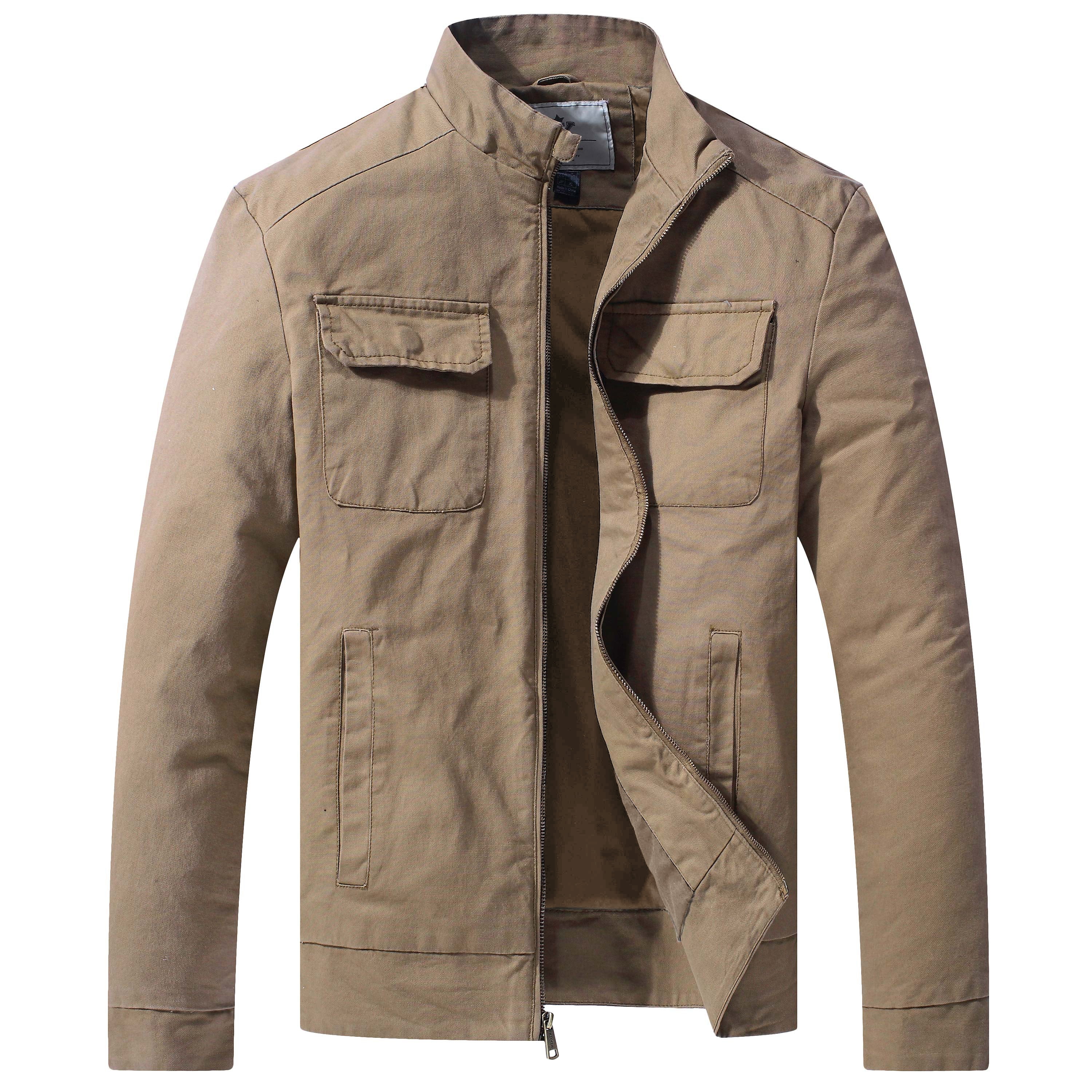 WenVen Men s Fall Cotton Jacket Lightweight Canvas Work Jacket Khaki L