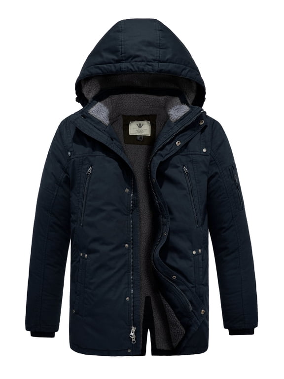 Men's Winter Puffer Jacket Warm Windproof Outerwear with Insulated Hood Navy XL