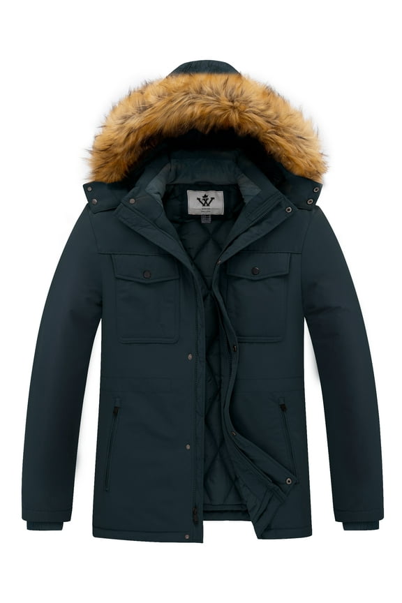 Men's Winter Puffer Jacket Warm Windproof Outerwear with Detachable Hood Navy 3XL