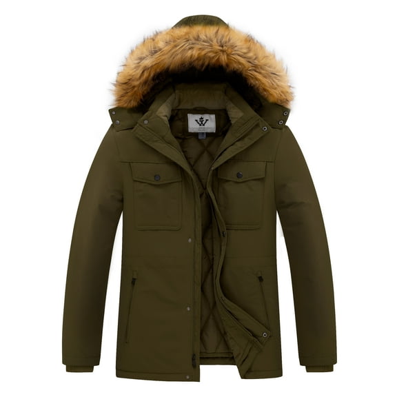 WenVen Men's Winter Puffer Jacket Windproof Outerwear with Detachable Hood Army Green 2XL