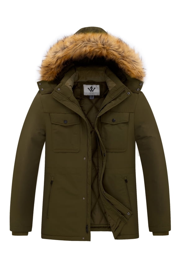 Men's Winter Puffer Jacket Windproof Outerwear with Detachable Hood Army Green 2XL