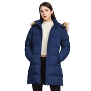 Women's Insulated Winter Coat Winter Puffer Jacket Warm Windproof with Detachable Hood Navy L