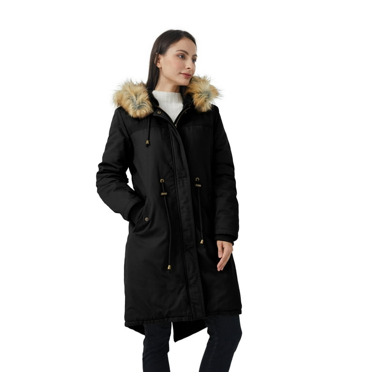 Mid length puffer jacket with sold sherpa collar in black