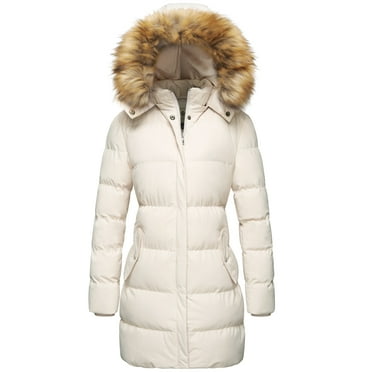 WenVen Women's Puffer Jacket Warm Waterproof Jacket Hooded Winter Coat Beige M