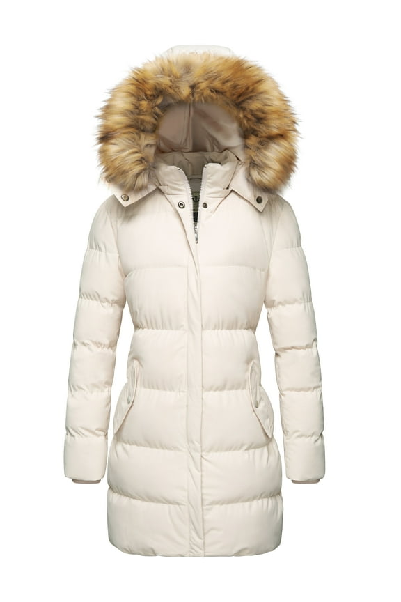 Women's Puffer Jacket Warm Waterproof Jacket Hooded Winter Coat Beige M