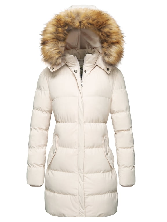 Women's Puffer Jacket Warm Waterproof Jacket Hooded Winter Coat Beige M