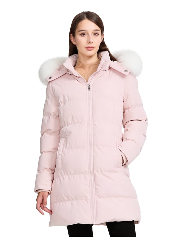 Women's Puffer Jacket Winter Coat Waterproof Warm Outerwear with Removable Hood Pink M