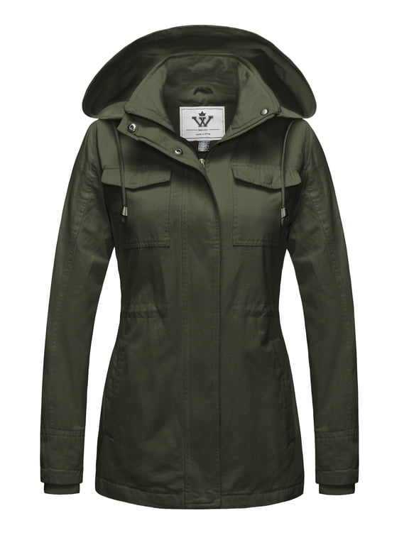 Women's Cotton Anorak Jacket Fall Coat Hooded Solid Color Safari Outerwear Army Green M