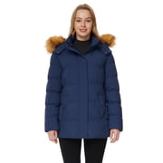 Women's Puffer Coat Warm Winter Jacket Padded Puffy Windproof Hooded Parka Navy M