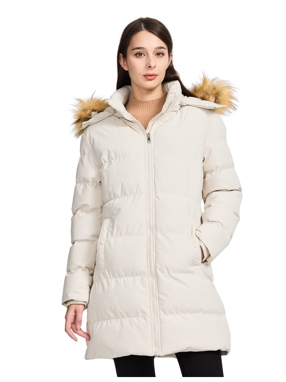 Women's Puffer Winter Coat Puffer Jacket with Detachable Windproof Hood Beige L