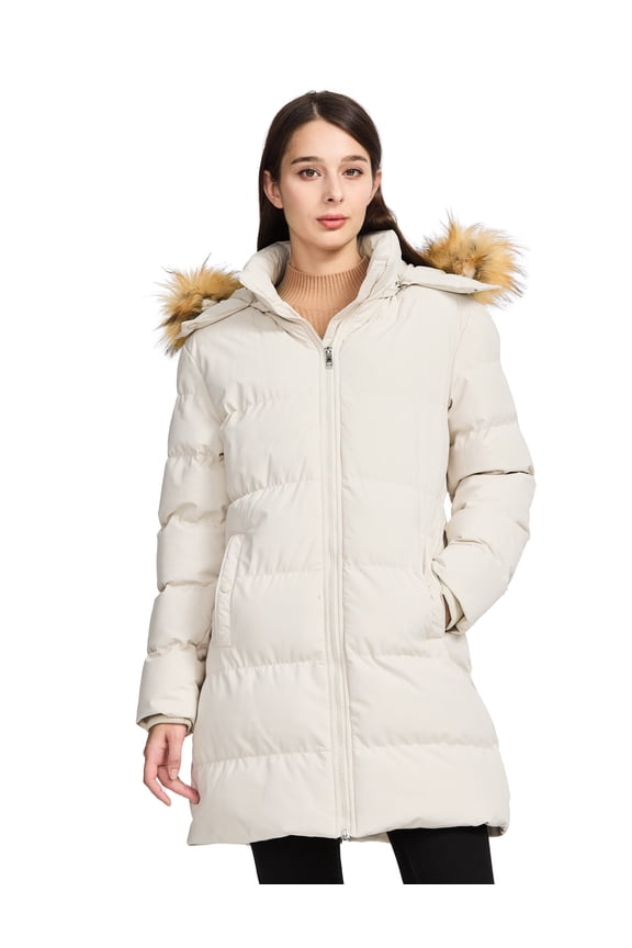 Women's Puffer Winter Coat Puffer Jacket with Detachable Windproof Hood Beige L