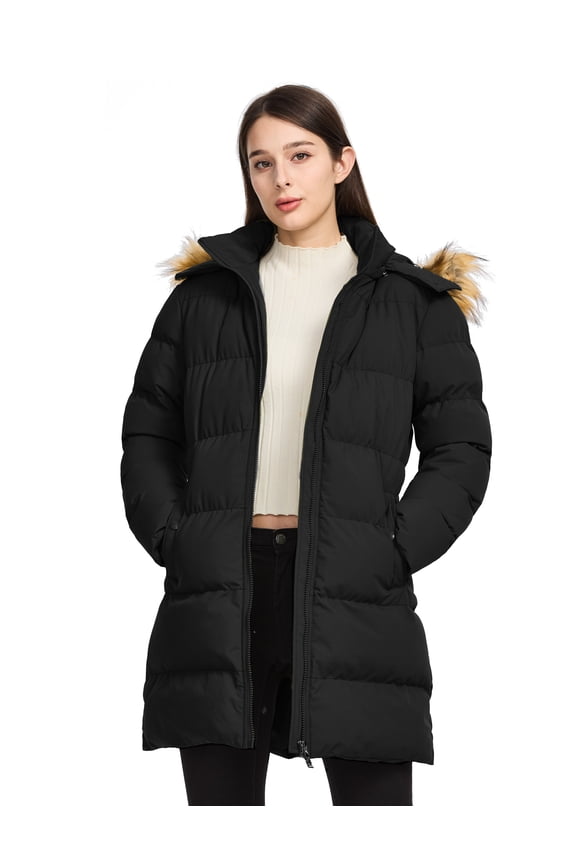 Women's Winter Coat Waterproof Hooded Puffer Jacket with Waterproof Detachable Hood Black L