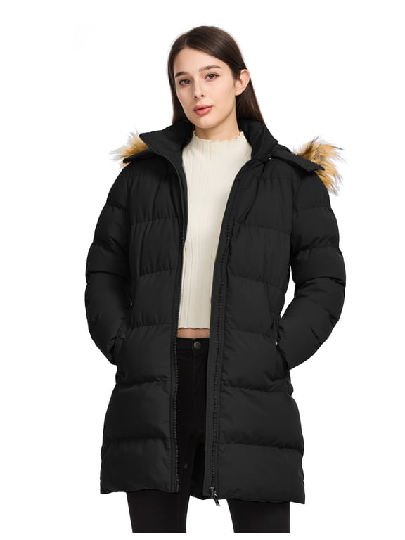 Women's Winter Coat Waterproof Hooded Puffer Jacket with Waterproof Detachable Hood Black L