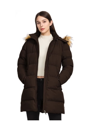 Women's Insulated Winter Coat Winter Puffer Jacket Warm Windproof with Detachable Hood Coffee 2XL
