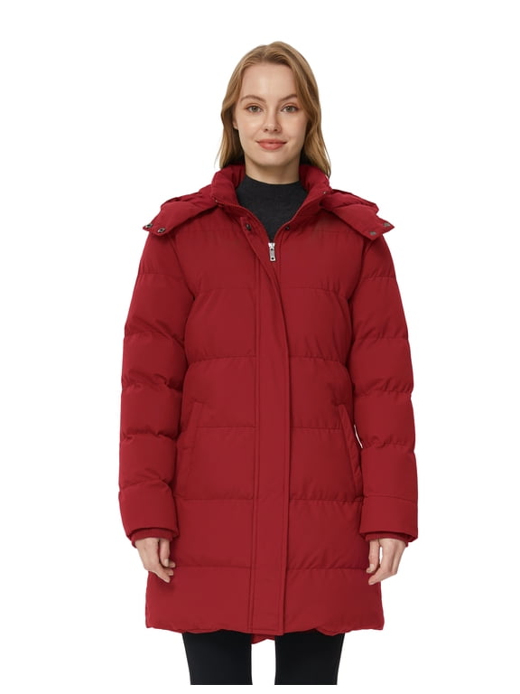 Women's Winter Coat Warm Jacket Windproof Parka with Removable Hood Wine Red S