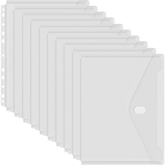 Wenbo 10 Pack A4 Clear Punched Pocket Folders, 11-Hole Punchless Envelope Document Storage Pouches for Binder