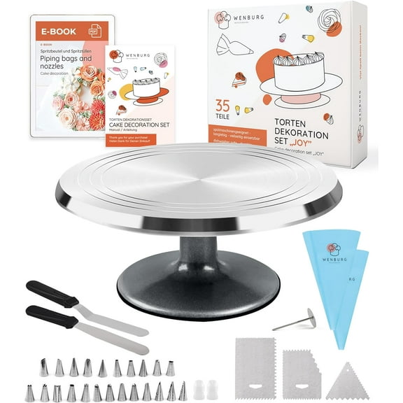 Wenburg 12" Rotating Cake Stand for Decorating - 35pc Aluminium Alloy Spinning Cake Stand Turntable Set w/ Accessories - Professional Cake Decorating Kit with Revolving Cake Stand Table