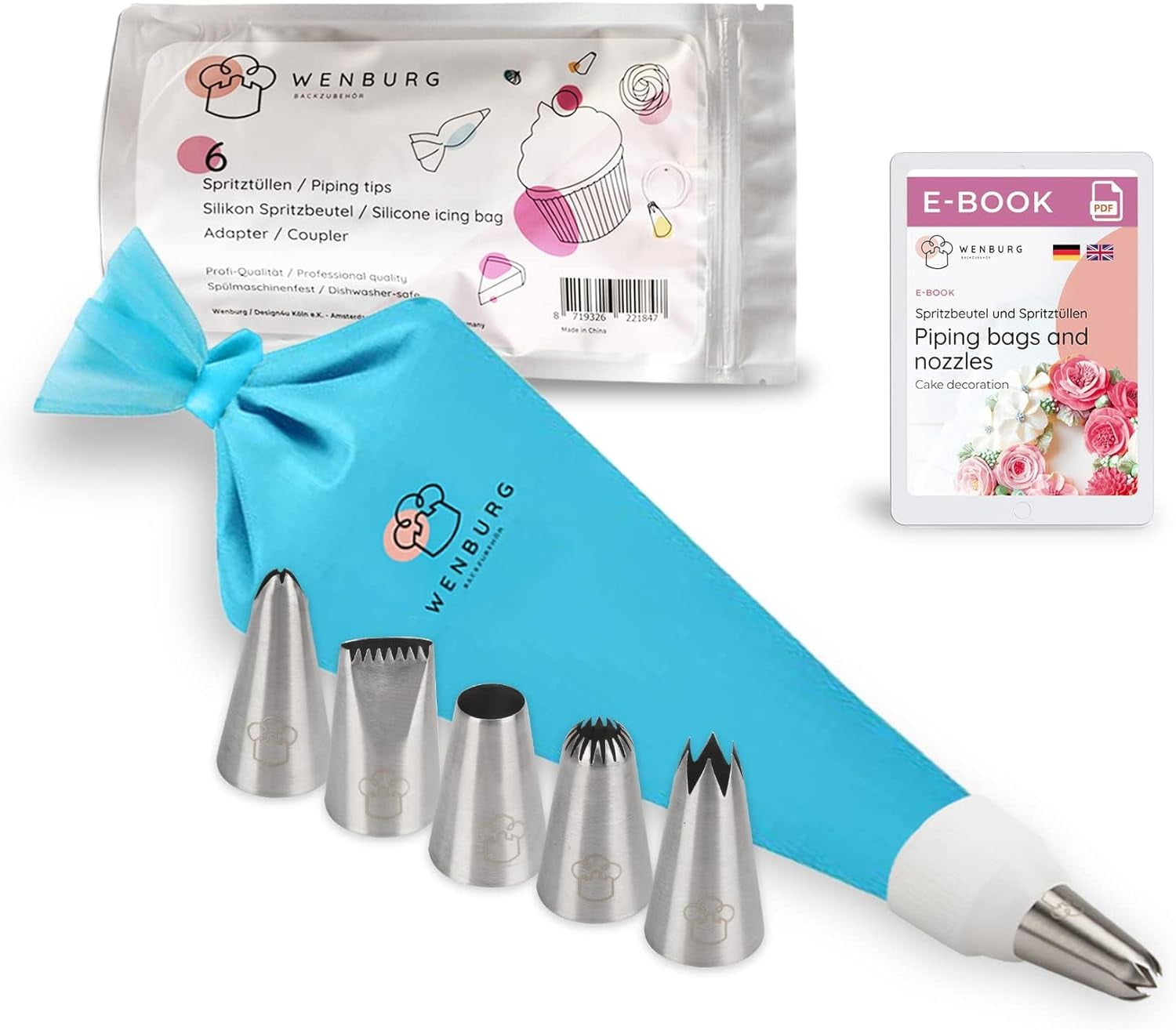 Wenburg Piping Tips Set, Large Icing Tips 14-inch Silicone