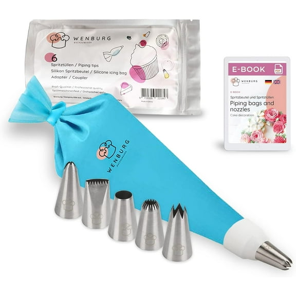 Wenburg Piping Tips Set, 6 Large Icing Tips - 14-inch Silicone Piping Bag - Coupler, Professional Stainless Steel Nozzles for Cakes, Cupcakes, Cookies Decoration (Basic)