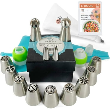 Wenburg Russian Piping Tips Set, 38-pc: 11 Large Flower Piping Tips, 2 Leaf Attachment, 3 Couplers, 20 Disposable Piping Bags, Silicone Piping Bag – Cupcake and Cake Decorating Baking Set (Classic)