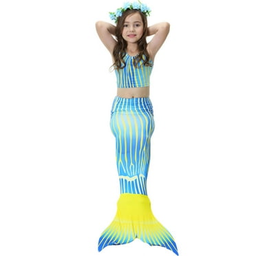 Wenchoice Blue Yellow Stripe Mermaid Tail 3 Pieces Swimming Suit M(3-4Y)