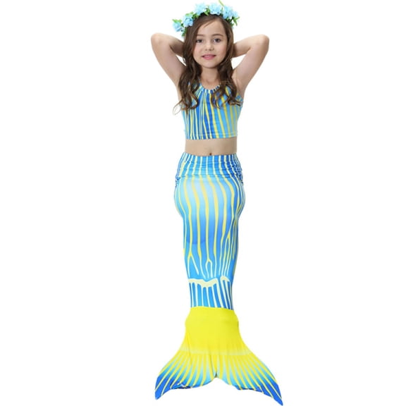 Wenchoice Blue Yellow Stripe Mermaid Tail 3 Pieces Swimming Suit S(1-2Y)