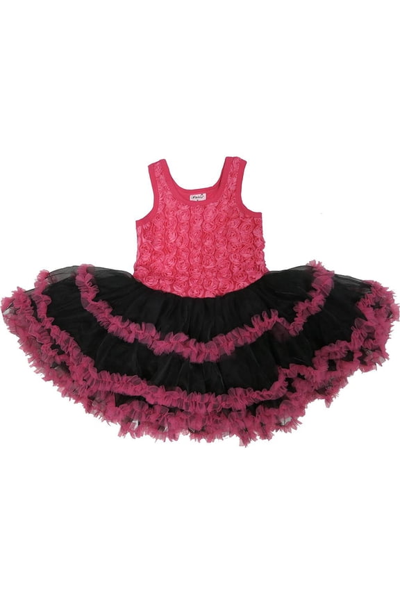 Girl'S Hot Pink & Black Rose Ruffle Dress S(1T-2T)