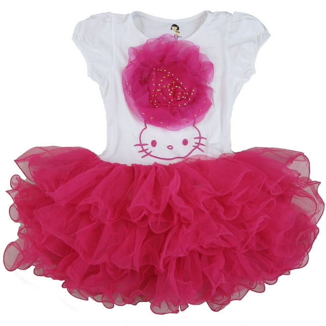 Wenchoice Girl'S White-Hot Pink Kitty Flower Dress M(3T-4T)