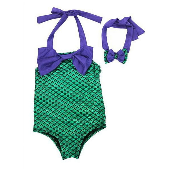 Wenchoice Green Purple Mermaid Bow Swimming Suit Girls XL(6-8 Years)