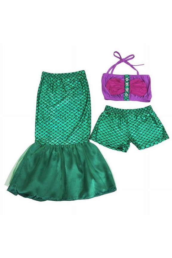 Green Purple Mermaid Skirt Tail 3-Pieces Swimming Suit Girls L(4-6 Years)