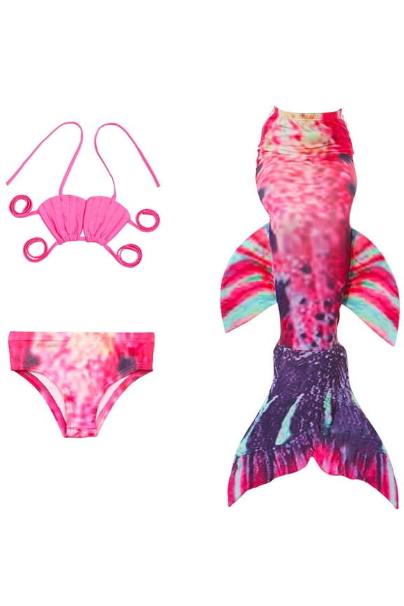 Hot Pink Green Fish Tail 3 Pieces Swimming Suit M(3-4Y)
