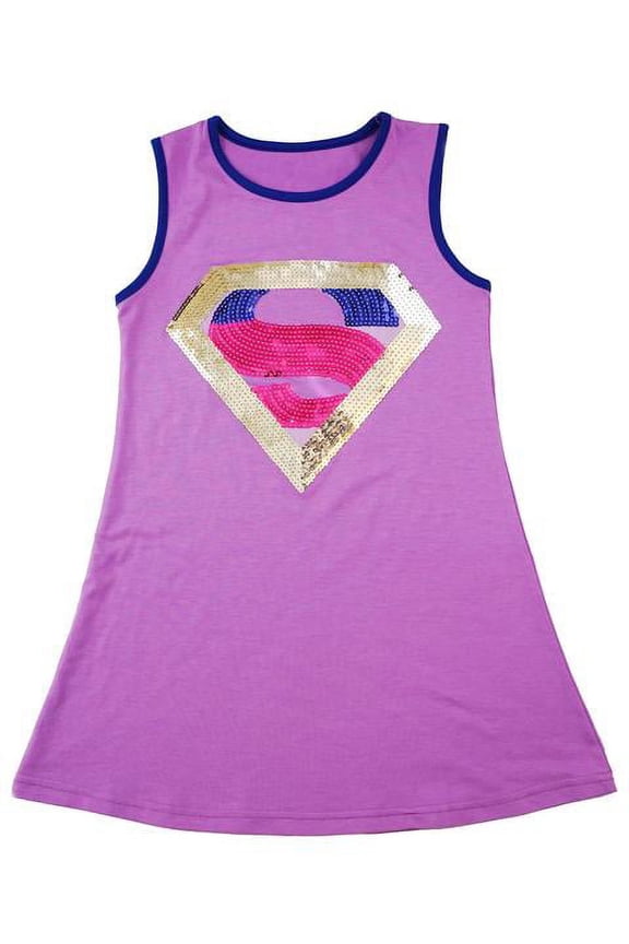 Purple Sequins Super Girl Cotton Dress Xl(7-8Y)